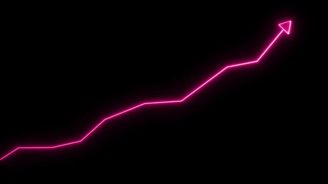 Neon pink financial growth chart animation, rising business success graph with arrow, digital data analytics trend line, glowing stock market performance concept on black background