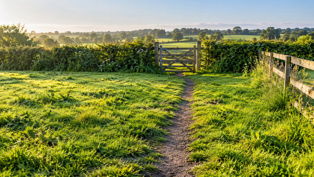 Worn footpath across lawn to wooden gate, habit formation and daily routine concept
