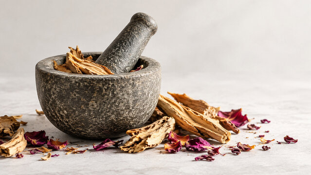 Stone mortar and pestle with dried mandrake roots and petals, herbal apothecary still life