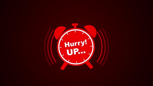 Red Alarm Clock Ringing with Hurry Up Text on Dark Background.