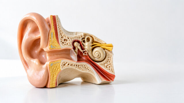 Anatomical ear model on white surface, hearing health and medical education concept