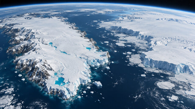 Aerial view of polar ice sheets with meltwater pools, climate change concept