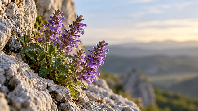 Purple hyssop flowers in limestone crevice with dew, nature resilience concept