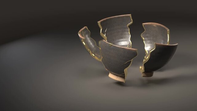 Kintsugi Ceramic Bowl Breaking Apart and Reassembling with Glowing Gold Seams Japanese Art of Repair Seamless Loop 4K