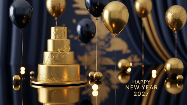 Happy New Year 2027 golden cake with balloons and dark blue curtain background for celebration