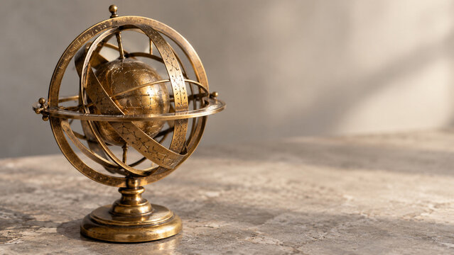 Vintage brass armillary sphere on stone table, astronomy and antique navigation concept