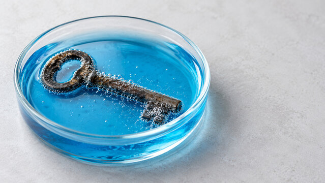 Iron key in blue solution dish with silver bubbles, cleaning and restoration concept