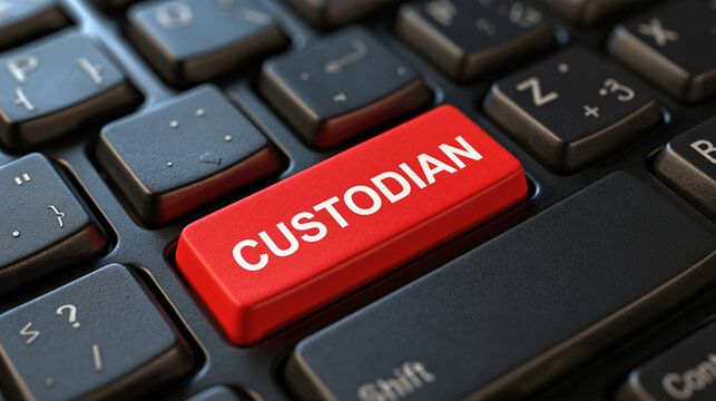 Red Custodian Button on Keyboard: A striking red button labeled CUSTODIAN stands out on a black keyboard, symbolizing access control, digital security, and user management.