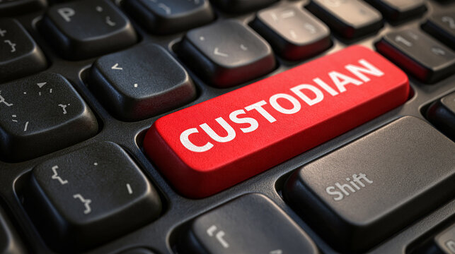 Custodian Button on Keyboard: A close-up of a red button labeled CUSTODIAN on a computer keyboard, symbolizing data security, access control, and digital responsibility.