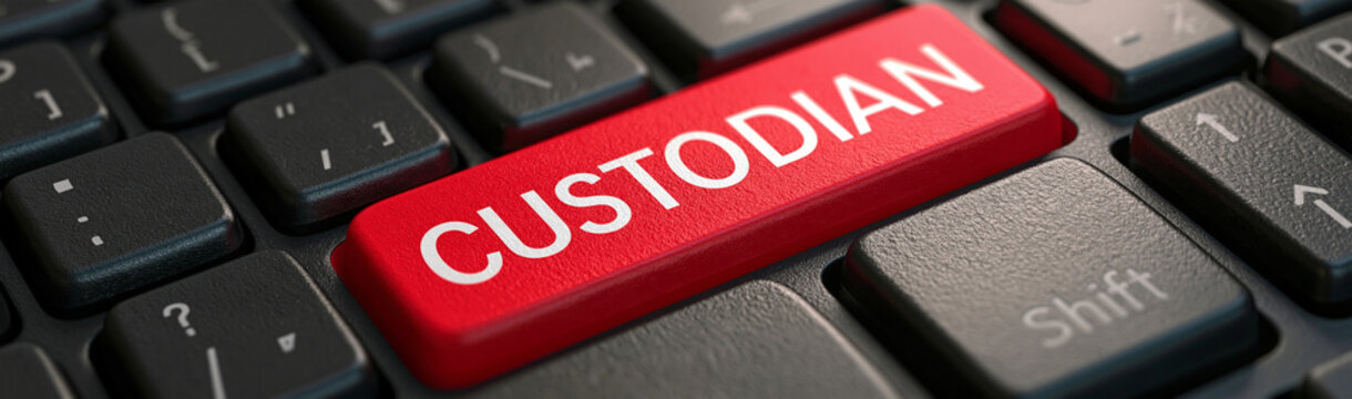 Custodian Key on Keyboard: A close-up, high-angle view of a computer keyboard highlights a prominent red 'CUSTODIAN' key, suggesting digital responsibility and data management.