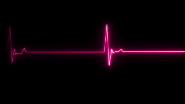 Neon pink heartbeat ekg line animation loop, medical pulse monitor rhythm on black background