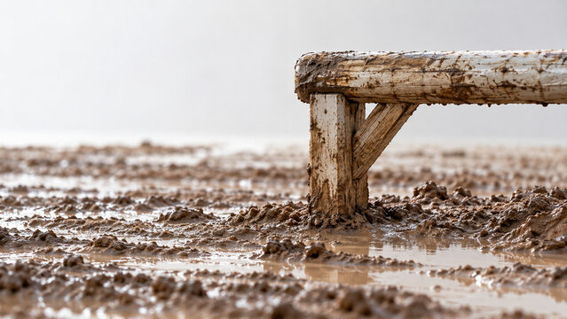 Muddy horse racing track with puddles and wooden rail, equestrian sport concept