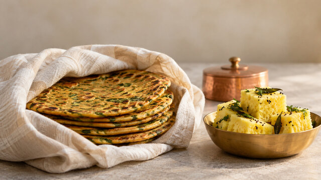 Wrapped thepla and dhokla with spice box, Indian food tradition concept