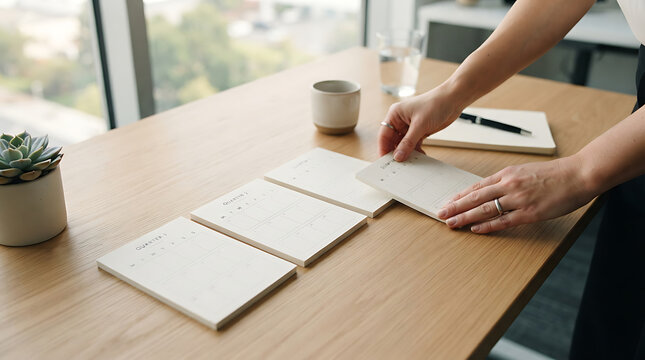 Woman's hands meticulously arranging a stack of blank notepads on a clean, modern wooden desk in a bright, organized workspace setup