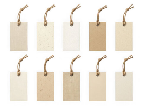 Set of ten blank brown recycled paper price tags with twine strings for gifts and retail labels isolated on transparent background