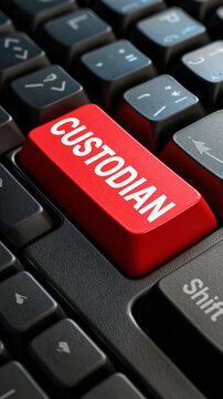 Custodian Button on Keyboard: A close-up view of a red 'Custodian' key on a computer keyboard, representing responsibility and data management.