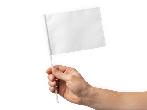 A hand holding a small blank white flag on a stick for promotion and protest events, presented as a clear cutout image isolated on transparent background