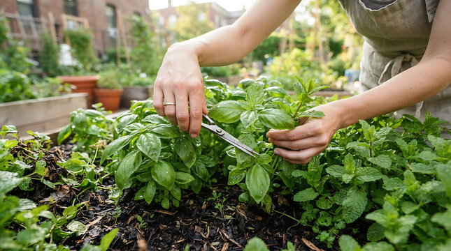 Gardening Hobbyist Harvesting Fresh Basil Leaves From Homegrown Herb Garden
