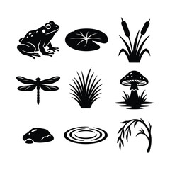 Obraz premium Set of black silhouette icons featuring various pond life and nature elements
