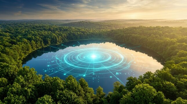 Digital network overlay on a forest lake aerial view, integrating technology with a serene and tranquil nature ecosystem.