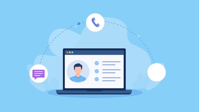 Flat vector animation showing cloud customer contact management on a laptop with a user profile, phone, message, and calendar icons on a blue background.