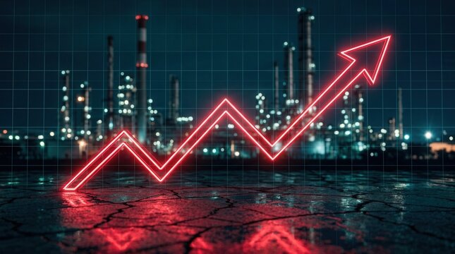 Global economy growth impacts the oil and gas sector at night, shown with a red line graph and upward arrow.