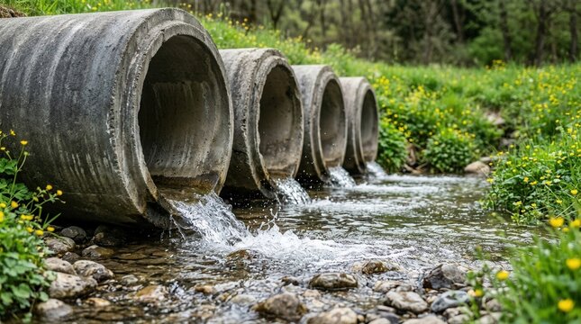 Culvert carries water under ground through a landscape of green plants and flowers