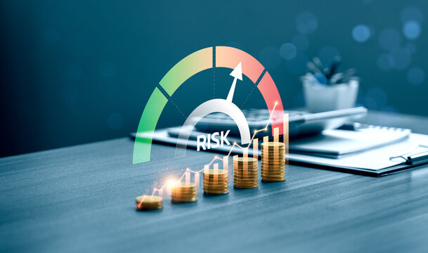 Financial risk assessment concept with stacked coins and rising chart showing increasing investment exposure, business uncertainty, risk level and strategic financial management