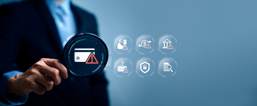Fraud detection concept with business professional presenting credit card warning interface and icons for identity theft, financial scam, phishing, security and risk analysis