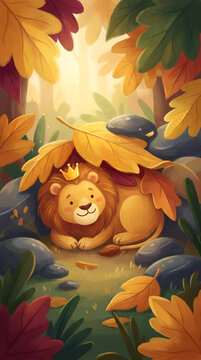 A cute cartoon lion wearing a small golden crown resting under autumn leaves in the forest.