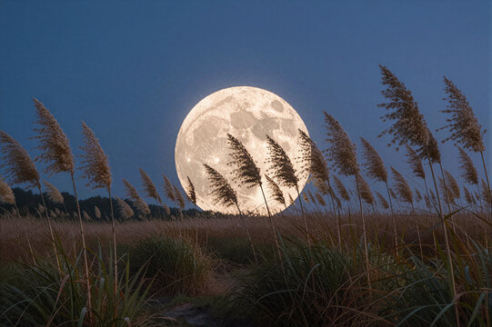 Full Moon Rising Over Autumn Pampas Grass Silhouette.