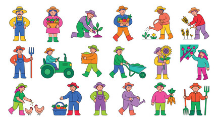 Obraz premium Collection of Farmers Engaged in Various Agricultural Activities and Farm Work.