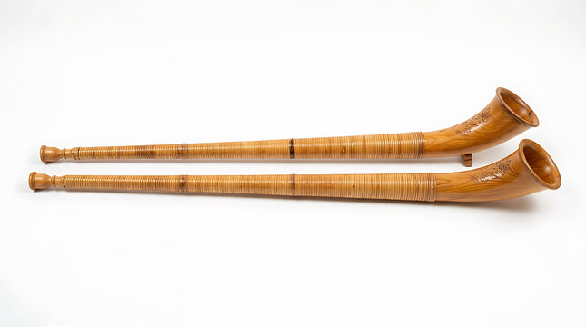 Two wooden wind instruments placed horizontally on white background