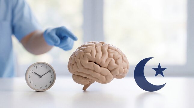 Medical professional pointing at a human brain model next to a clock with healthcare worker blue scrubs gloves gestures