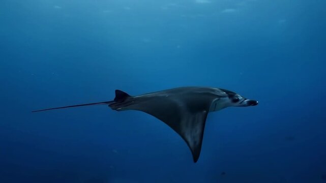 A majestic manta ray swimming gracefully through the deep blue ocean water.