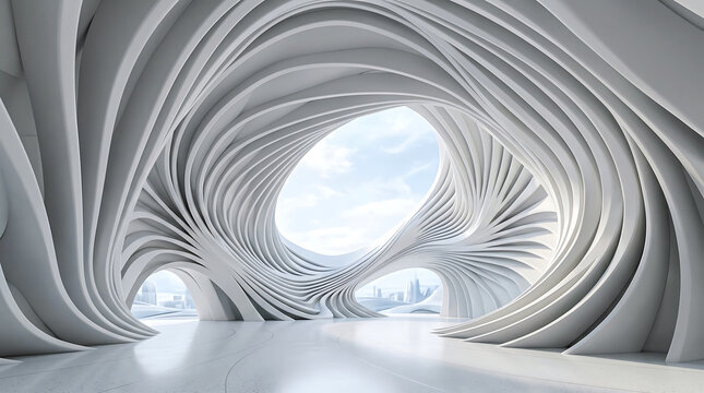 Abstract architectural interior with white, flowing, organic curved walls and layered rib structures framing a bright, open sky view