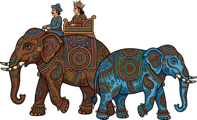 Fototapeta premium Traditional Indian royal elephant vector illustration decorated with intricate mehndi patterns carrying a king and queen isolated on white