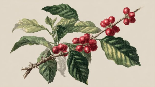 A detailed botanical illustration of a coffee plant branch with ripe red cherries and green leaves, symbolizing the origin of coffee. 