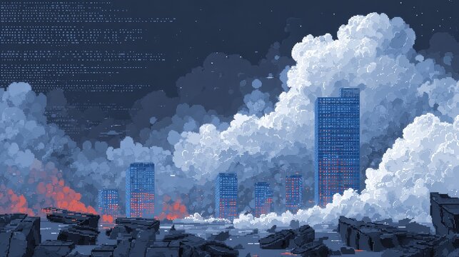 Cloud Computing Data Security, a digital landscape with secure cloud towers standing tall, while insecure areas are depicted as crumbling ruins or dark voids.