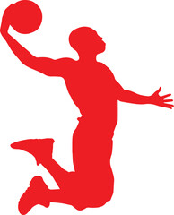 Red silhouette of a basketball player doing a slam dunk  high quality transparent PNG  © Saqlain