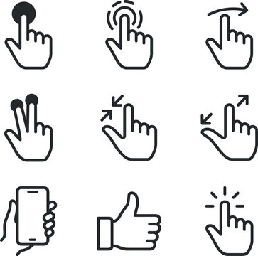 Touchscreen Hand Gestures Line Icon Set with Tap Swipe Pinch Zoom Double Click and Smartphone Interface Symbols for Mobile UI App Design