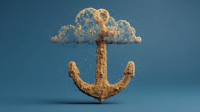 Cloud Computing Data Security, a symbolic image of a digital anchor holding down a cloud icon, preventing data from drifting into insecure territories. Solid, grounded feel, metallic textures. 