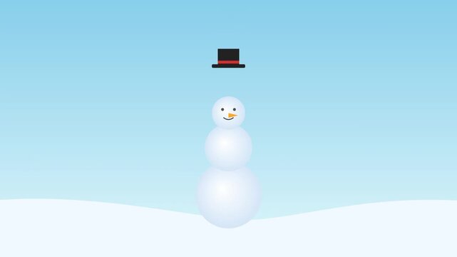 Animated Illustration of a Snowman Being Built Step by Step on a Winter Landscape with Blue Sky