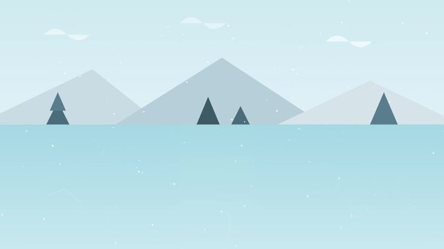 Minimalist Flat Design Winter Landscape with Snowy Mountains, Pine Trees and Falling Snow Background