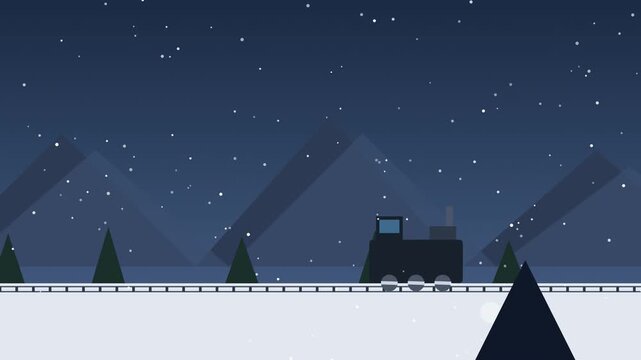 Minimalist flat animation of a steam locomotive traveling through a snowy mountain landscape at night