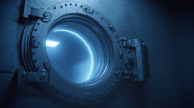 Cloud Computing Data Security, a digital "vault" door glowing with security seals, opening slightly to reveal a glimpse of securely stored cloud data. Heavy, fortified feel, blue light from within. 