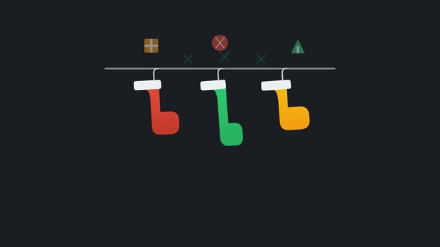 Minimalist animation of three colorful Christmas stockings hanging on a line with festive icons