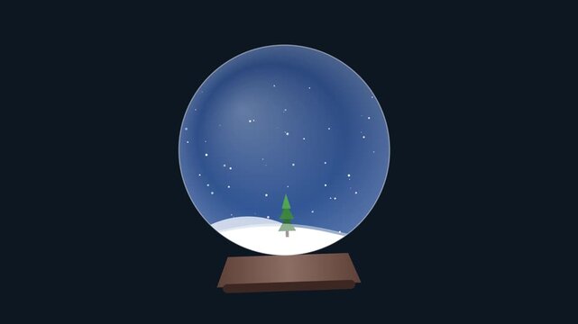 Minimalist Animated Snow Globe with Falling Snow and Christmas Tree on Dark Blue Night Background