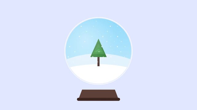 Minimalist Vector Animation of a Christmas Snow Globe with Pine Tree and Falling Snow on Soft Blue Background