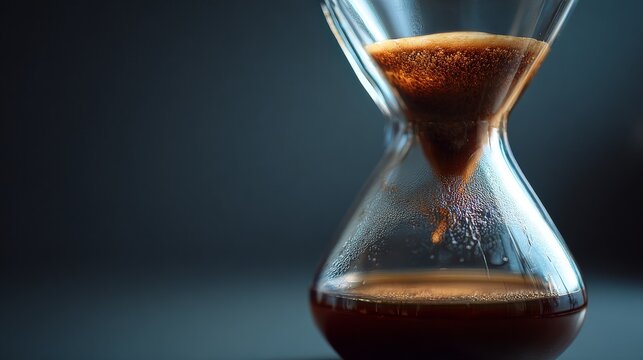 An elegant, artistic shot of a Chemex brewer (hourglass shape) with a coffee bloom visible through the glass. Reflective glass, clean minimalist design.